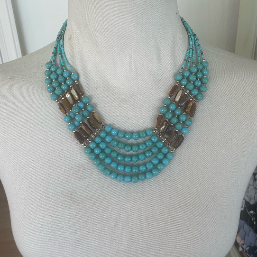 Turquoise Color Necklace 5 Strands with Tiger Eye Accents Boho